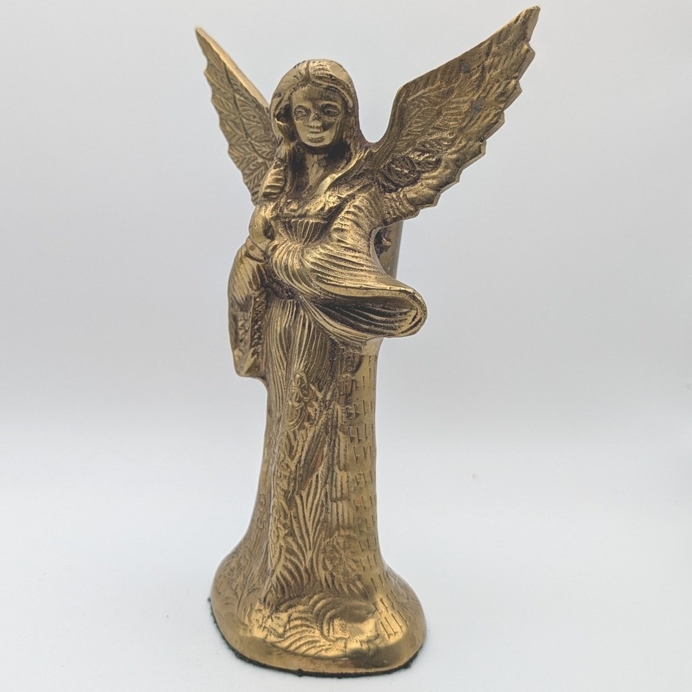 Angel Candlestick Holder 6 Inch Tall Gold Tone Weighted Brass Figurine VTG MCM